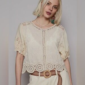 POL One Size Cotton Natural Crochet Embroidered Blouse Boho Beach